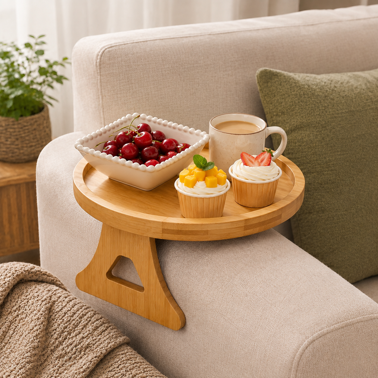 Bamboo Sofa Arm Tray Table – Adjustable Couch Armrest Tray with Cup Holder, Foldable Space-Saving Side Table for Drinks, Snacks & Remote