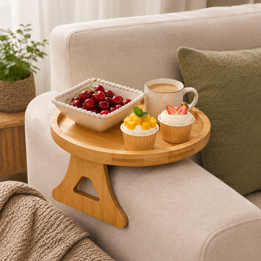 Bamboo Sofa Arm Tray Table – Adjustable Couch Armrest Tray with Cup Holder, Foldable Space-Saving Side Table for Drinks, Snacks & Remote