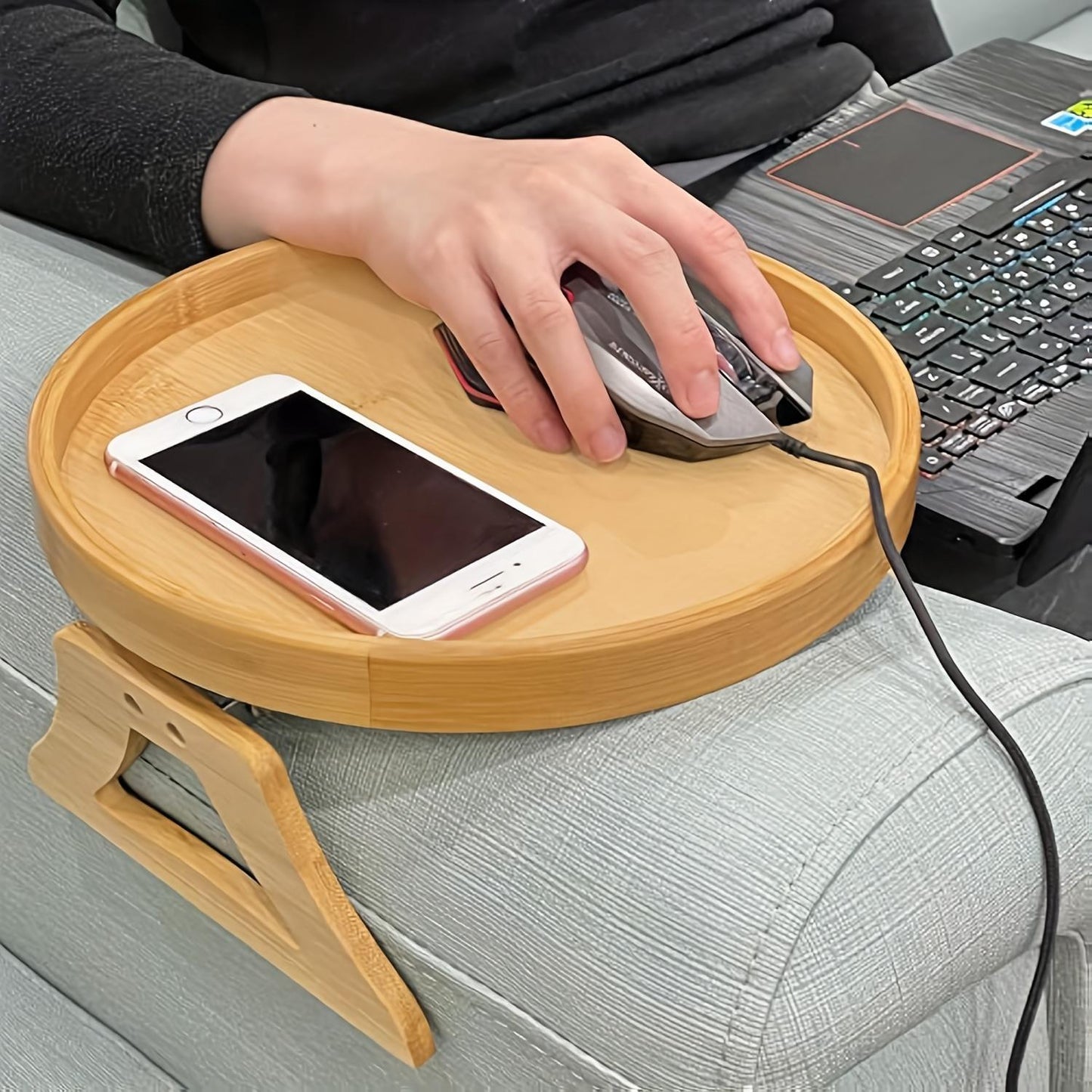 Bamboo Sofa Arm Tray Table – Adjustable Couch Armrest Tray with Cup Holder, Foldable Space-Saving Side Table for Drinks, Snacks & Remote